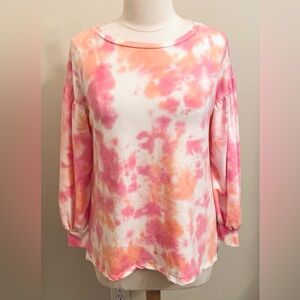 ADYP Pink White Tie Dye Long Billow Sleeve Ribbed Hem Casual Sweatshirt Size S